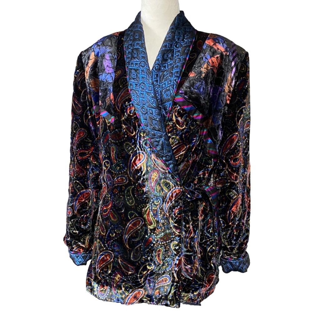 Vintage Canvasbacks Jacket Womens Medium Multicolor Velvet Paisley Belted Wrap
